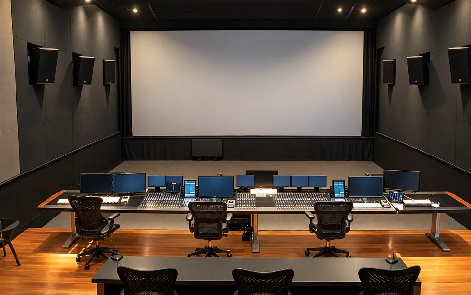 Presentation hall with a large screen and operator consoles