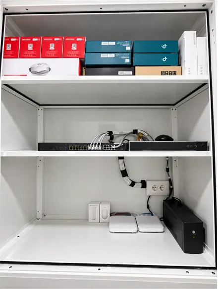 Cabinet with network switch, routers and UPS