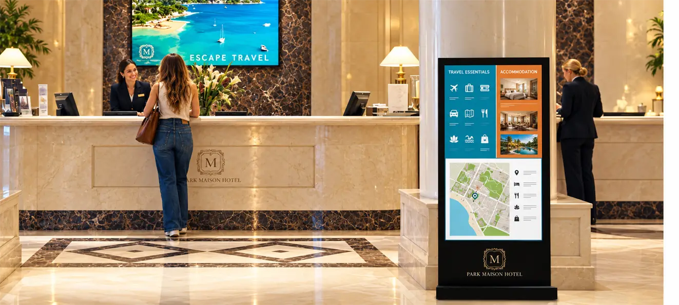 Hotel lobby with digital signage at reception