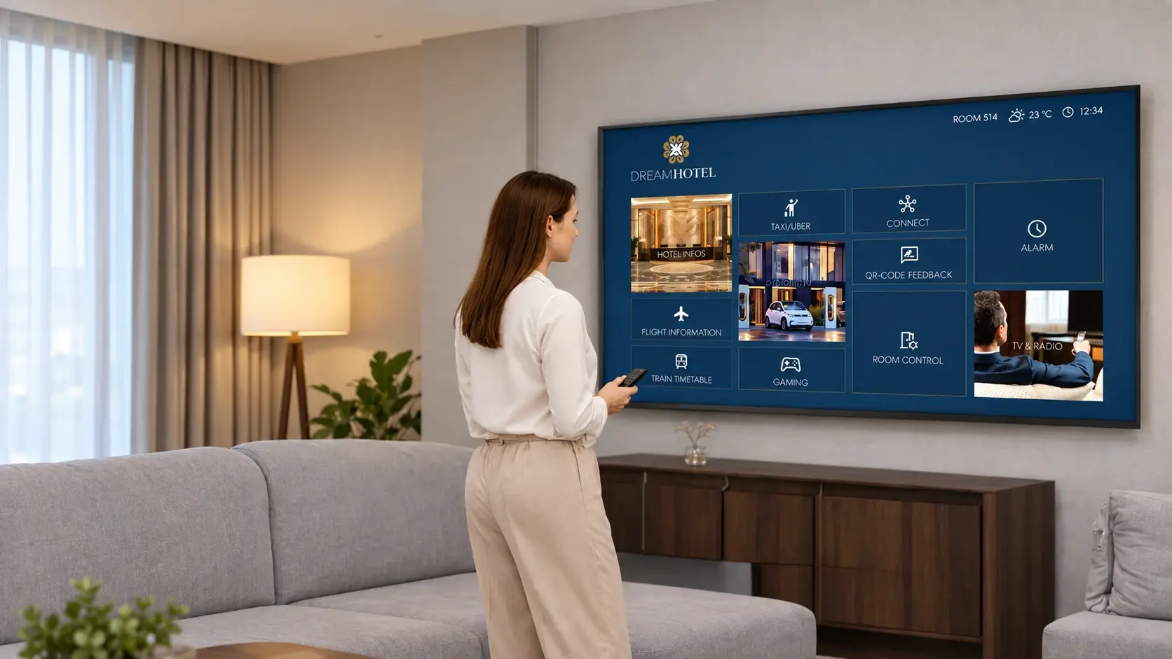 Hotel guest using the in-room IPTV menu with hotel info, TV, room control and flight information