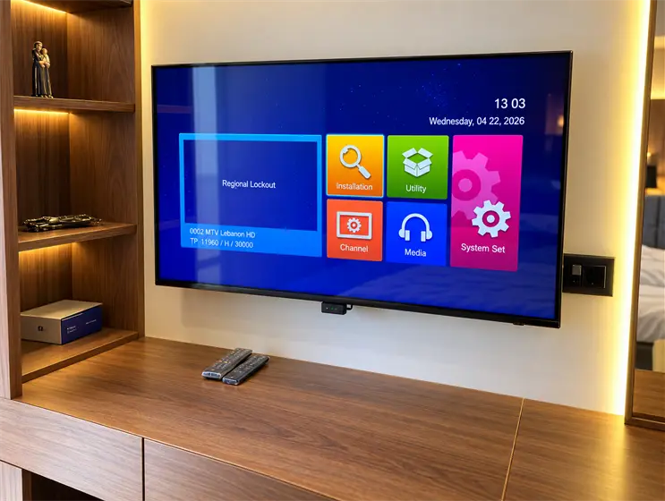 Wall-mounted TV showing the IPTV menu