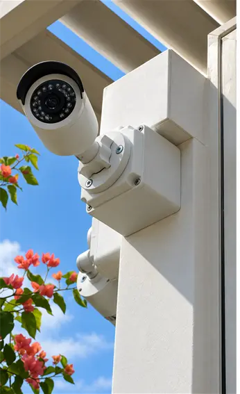 Outdoor IP camera installed on a building facade