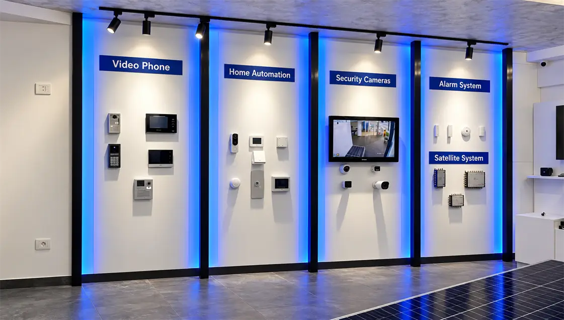 Technology Group showroom demo wall with video phone, home automation, security and satellite products